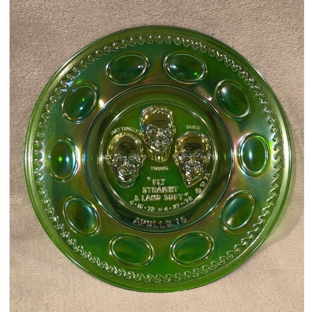 Vintage‎ Green Glass Apollo 11 Plate Moon Landing Souvenir Decorative